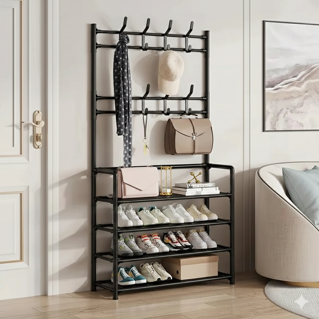 Dustproof 5-Layer Shoe & Coat Rack Organizer – Multi-Functional Storage Stand[Black]