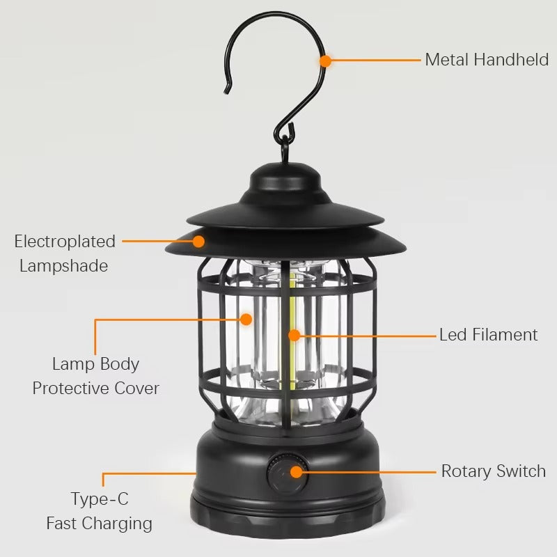 Rechargeable Retro Camping Lamp (Black Color)-  2Psc